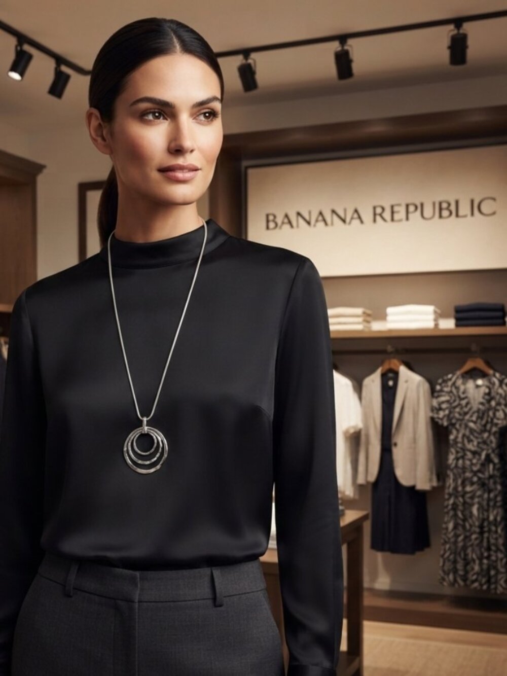 Banana Republic Silver Tone Triple Interlocking Circle Medallion Long Necklace